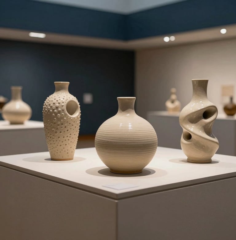 A series of elegant ceramic sculptures displayed on a sand-colored pedestal. The lighting is soft and professional, emphasizing the textures and organic shapes. The setting is a modern North American / US school gallery with dark slate blue accents in the background.
