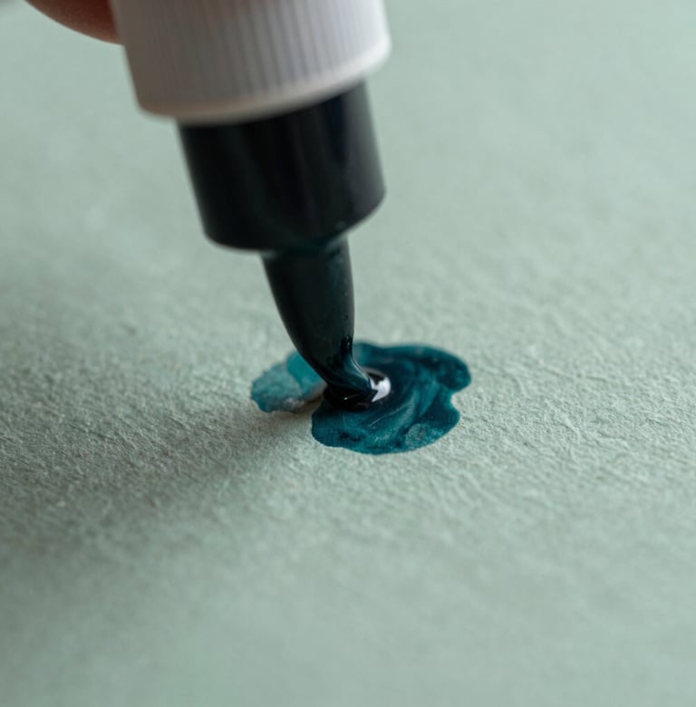 Macro shot of ink being applied to a textured, eco-friendly paper surface during the printing process. Artistic and sophisticated, emphasizing craft and editorial excellence. Muted teal and sage color palette.