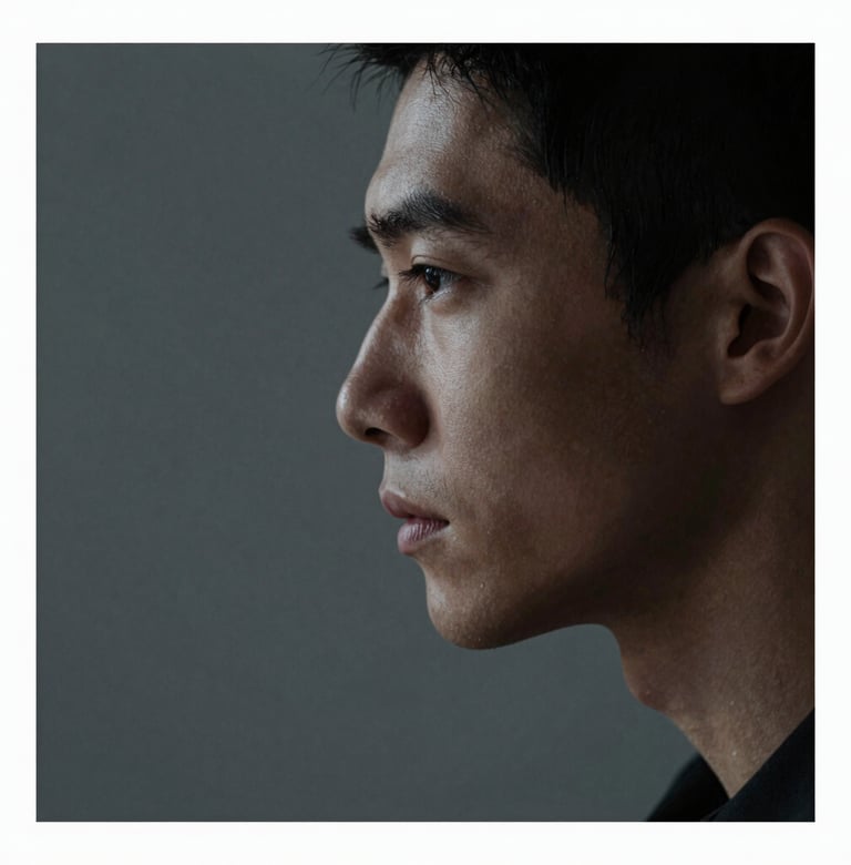 A detailed portrait photograph of a character's profile, illuminated by a pale mist light source from the side. The background is a clean dark slate grey. The composition is artistic with a shallow depth of field, set in a North American / US environment.