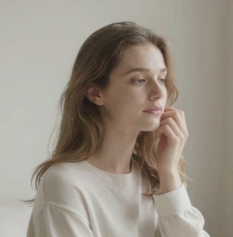 A lifestyle fine art photograph of a person in a soft, natural light environment, subtle textures of fabric, #F5F2EF and #8F8C8A color palette, focusing on authentic emotion.