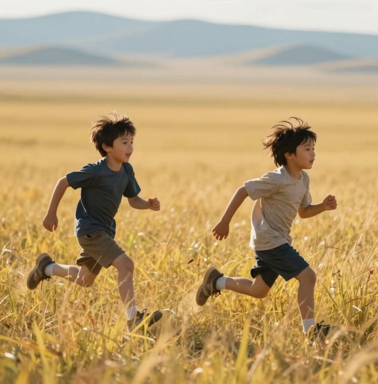 A cinematic shot of two children running through tall yellow grass in a North American / US field. Authentic motion blur, sun-drenched atmosphere, with soft blue tones in the distant landscape.
