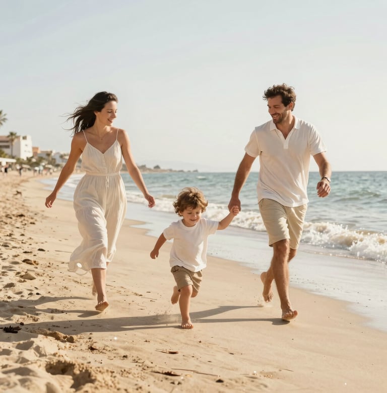 Lifestyle photography of a family with a young child running along a Mediterranean beach. Sun-drenched atmosphere, warm cream and sand colors, authentic expressions of joy, Spain / Southern Europe.