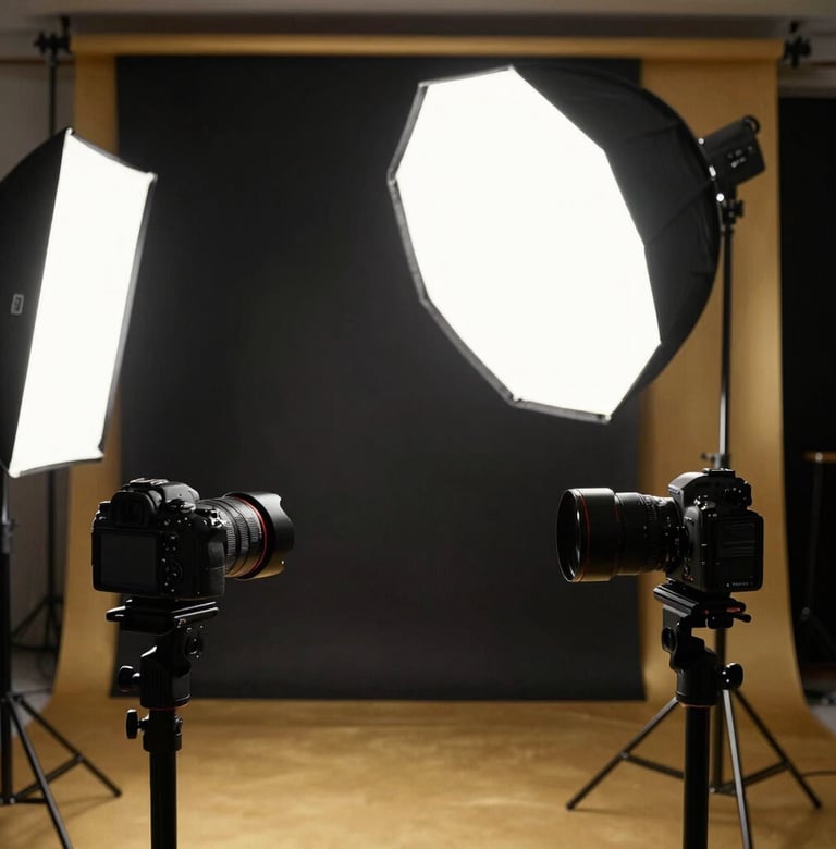 A behind-the-scenes professional photography studio setup in Kartal, Istanbul. High-end cameras and softbox lighting against a deep black and elegant gold backdrop.