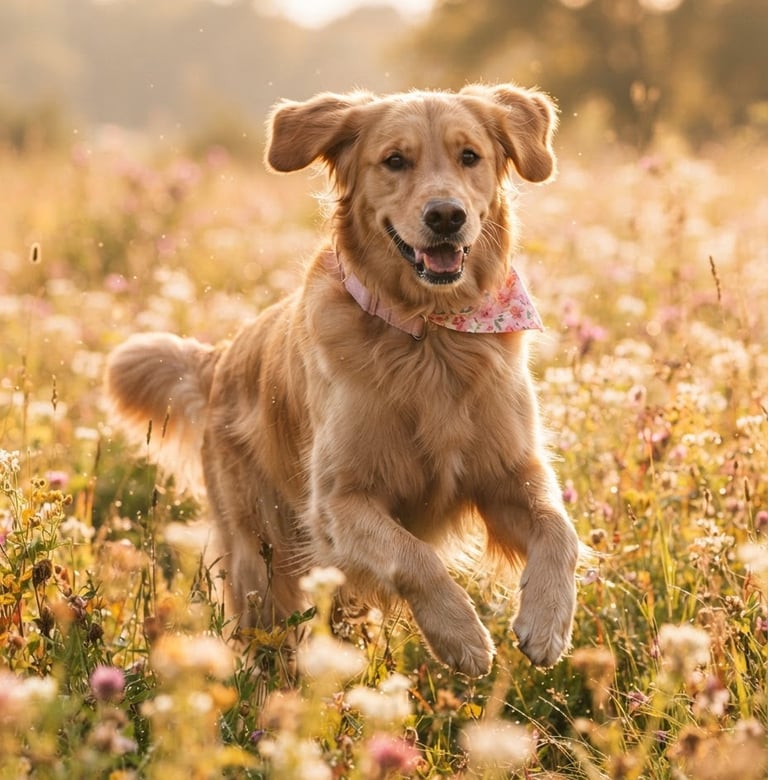 Dynamic close-up of an elegant, beautifully groomed Golden Retriever running through a sunlit field, warm daylight, pink accessories, cream soft-focus background, 35mm warm editorial