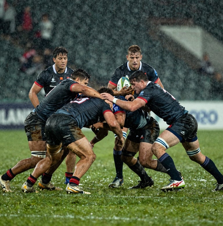 Intense wide shot of a rugby match in the rain. Players in dark jerseys clashing in a scrum, water droplets and mud splashing, sharp cinematic lighting, professional sports photography, Western / International.