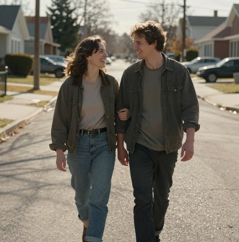 A candid, medium shot of a couple walking down a quiet residential street in North America, sharing a joke and looking at each other. The style is cinematic and intimate, with natural sunlight creating deep shadows and bright highlights in shades of soft sand and charcoal.
