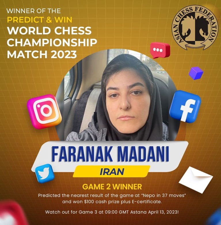 Faranak Madani Iran winner of Predict & Win by Asian Chess Federation