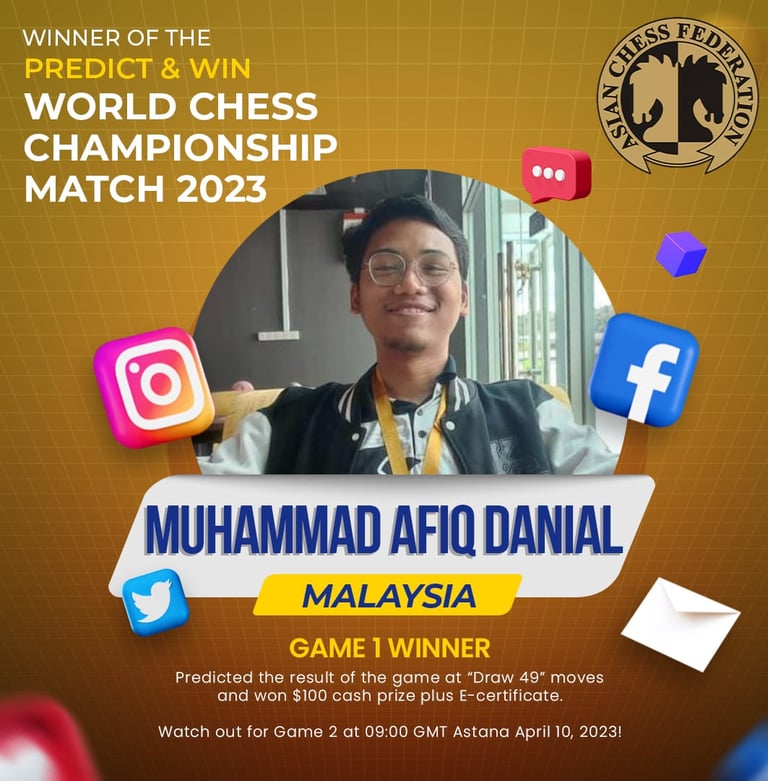 Muhammad Afiq Danial Malaysia winner of Predict & Win by Asian Chess Federation