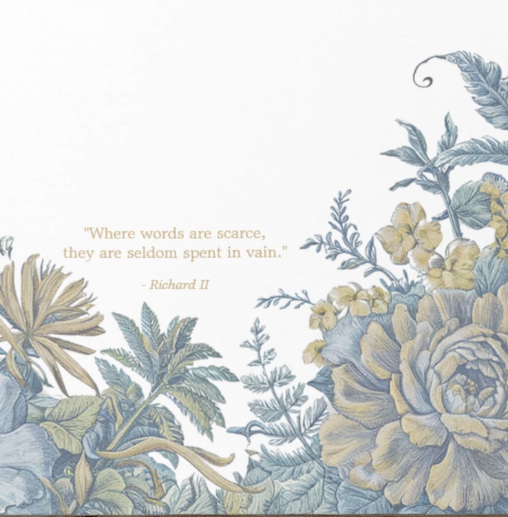 Elegant personalized stationery with floral design and Shakespeare quote from Richard II,