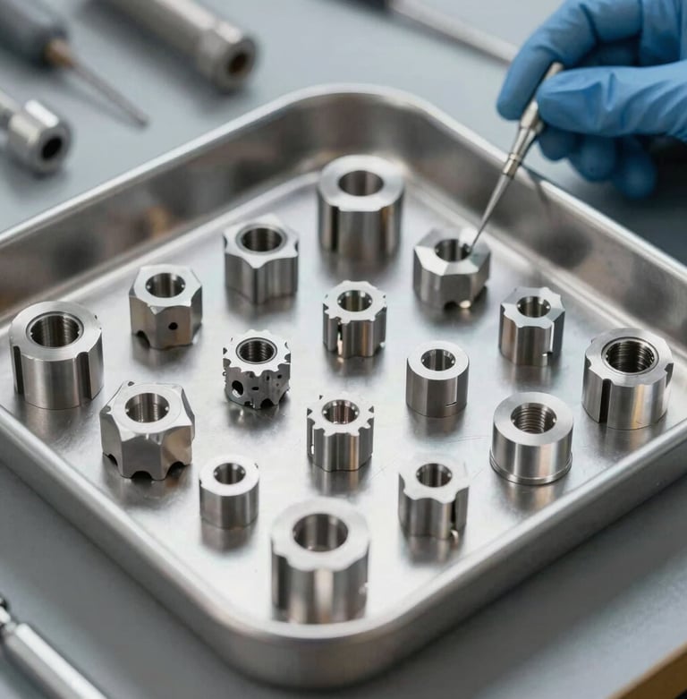 Precision metal parts in a tray for mechanical DFM service and custom tonie tooling optimization.