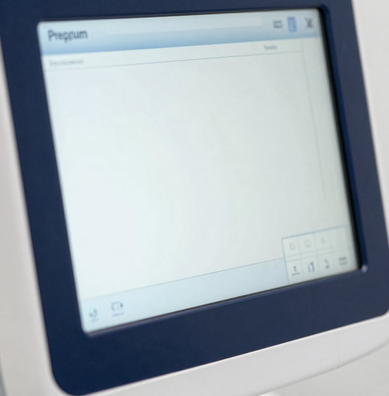 Macro close-up of a premium medical device screen showing clean data visualization, bright diffused studio lighting, shallow depth of field.
