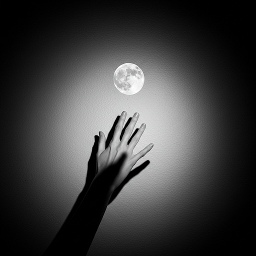 a hand reaching out for the moon in a black and white photograph