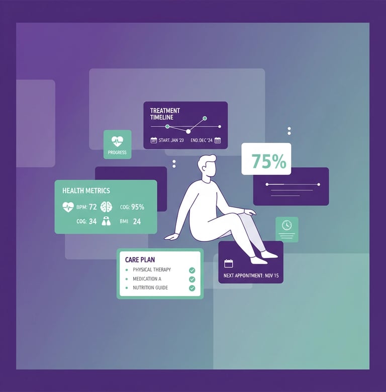 Split screen showing virtual consultation on left and in-person care visit on right, illustrating hy