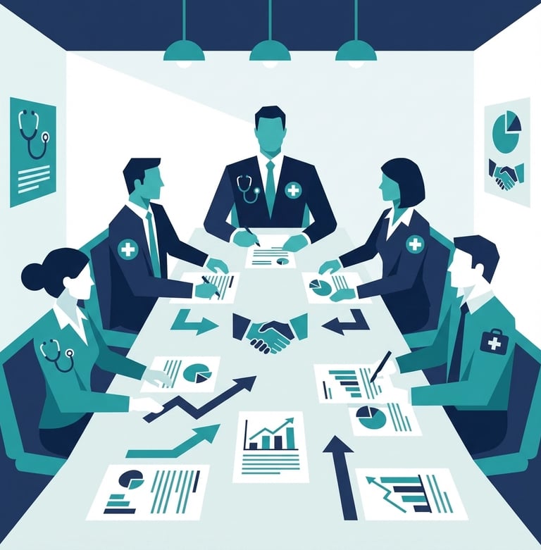 Business meeting with healthcare executives around conference table reviewing M&A presentation slide