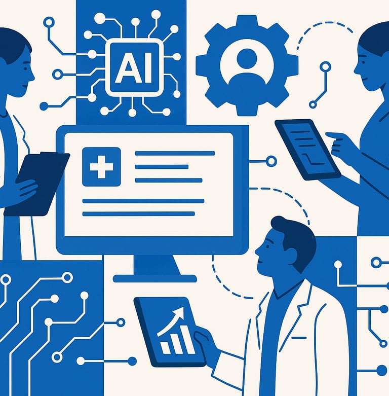 Healthcare professionals use tablets and a desktop connected by circuit lines, with an “AI” chip, us