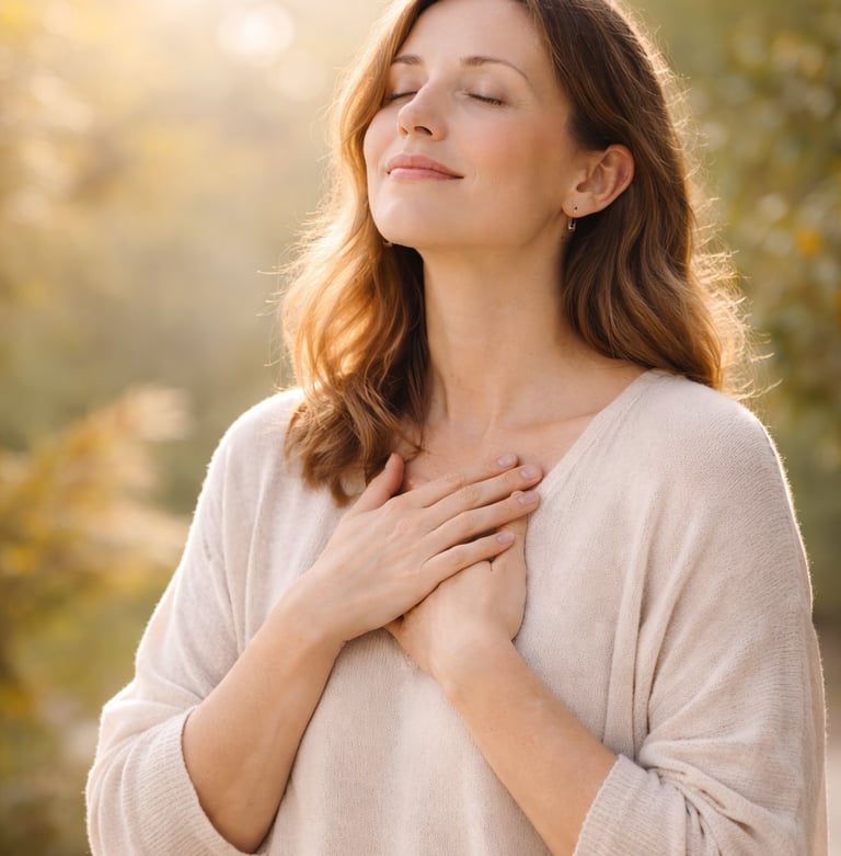 femme apaisée respirant profondément après séance de libération énergétique