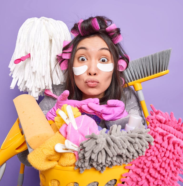 Woman in hair rollers holding house cleaning supplies like a mop, broom, and sponges.