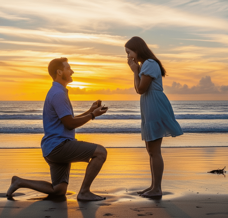 A man kneeling and proposing marriage to a woman.