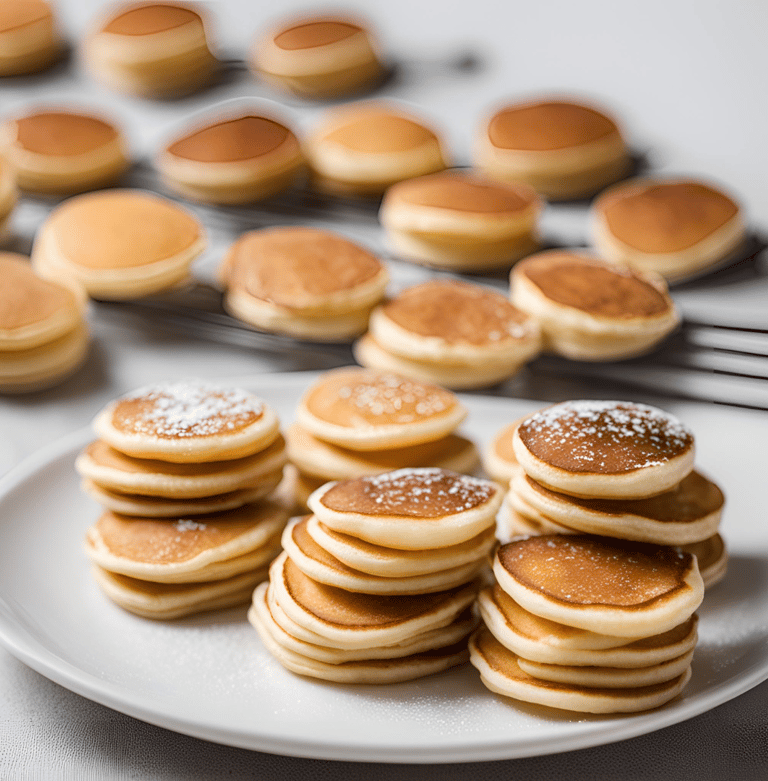 a plate of poffertjes, dutch mini-pancakes with powdered sugar on top