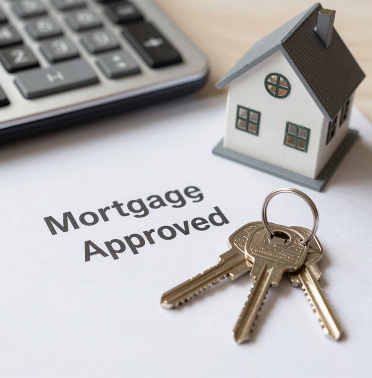 A calm, earthy blue-toned image of a happy family reviewing mortgage documents with a friendly broker.