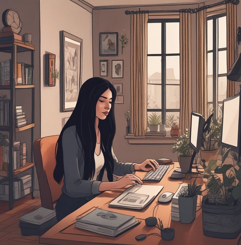 A small business owner working on a laptop in a cozy home office setting.