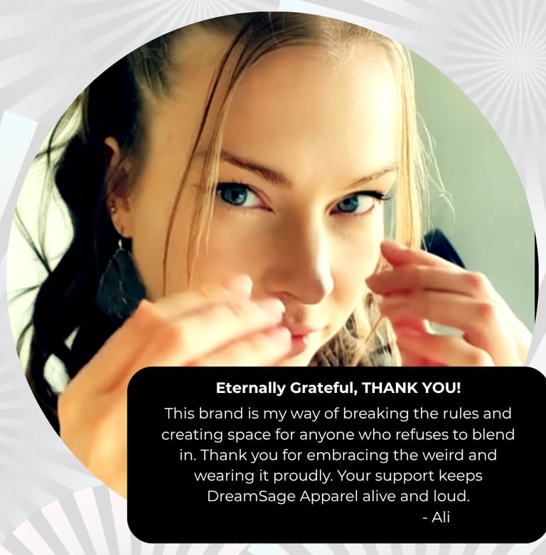 DreamSage Apparel Owner with a thank card saying thank you