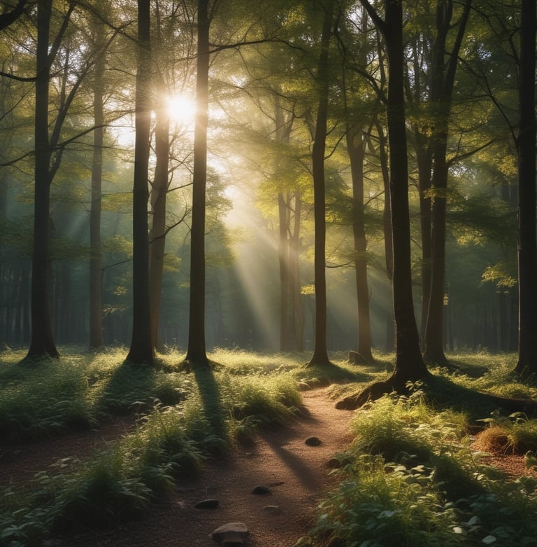 A serene outdoor setting with tarot cards laid out on a wooden table surrounded by lush greenery.