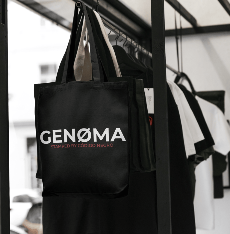 bolsa ecologica negra con el logotipo de genoma y estampada por genoma colgada en el perchero,