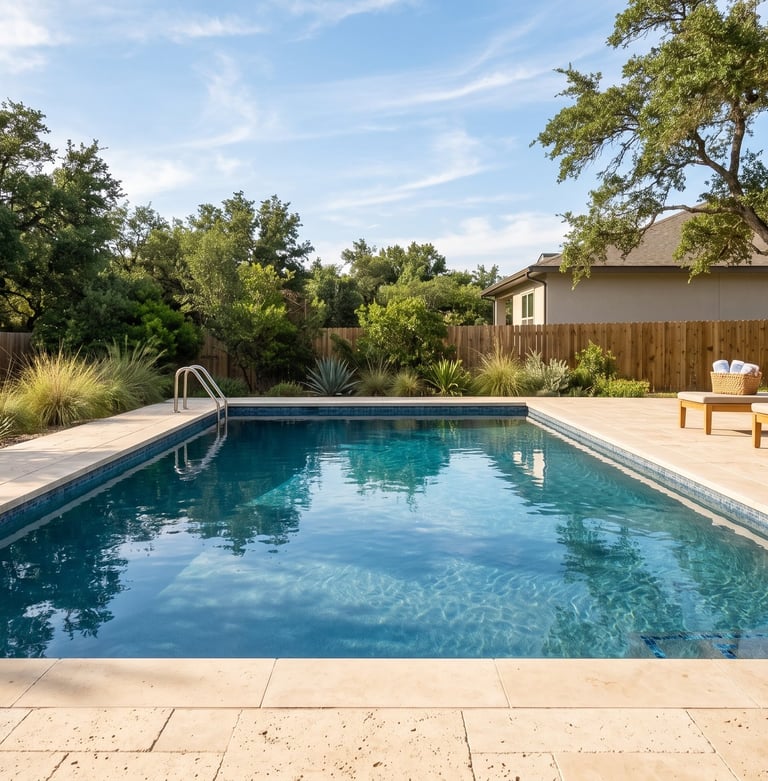 Clean backyard pool with lounge chairs in a Round Rock Texas after a vacation cleaning