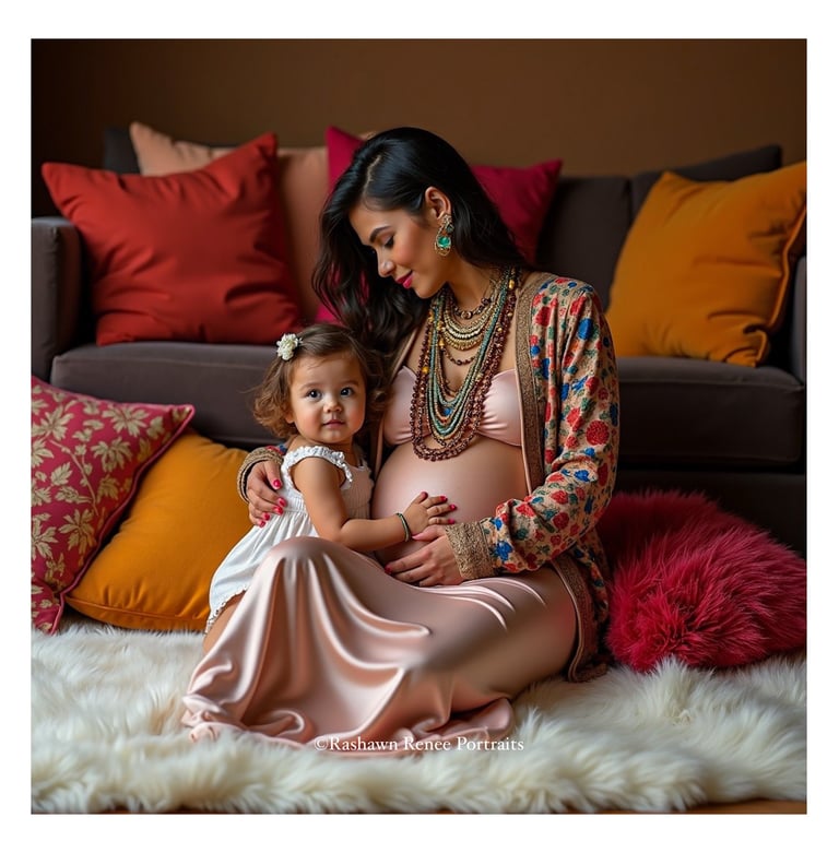 Pregnant woman seated indoors with a toddler, surrounded by colorful pillows.
