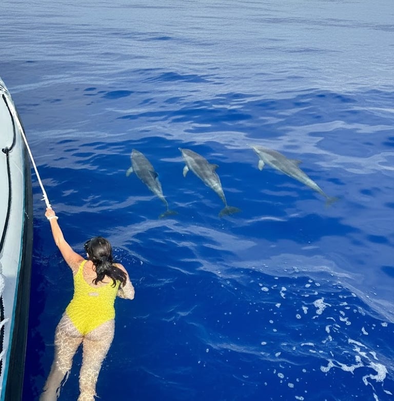 A person in a yellow swimsuit swimming in the ocean next to three dolphins near a boat.