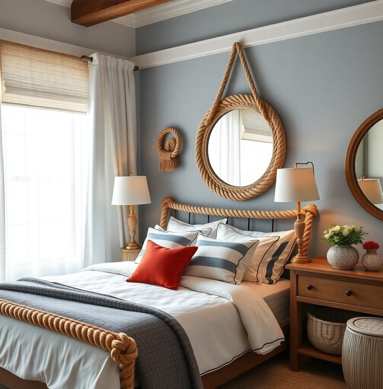 a nautical themed bedroom with a bed and a mirror
