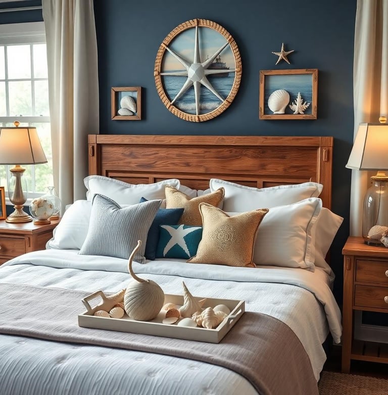 a nautical bedroom with a tray of shells and Seashell Accents