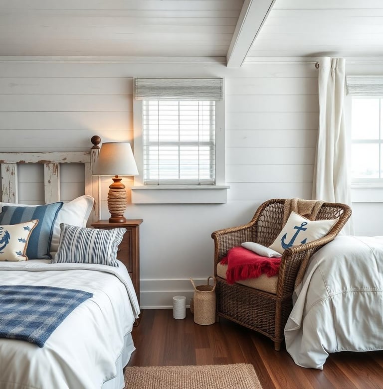 a nautical bedroom with a chair and a bed in a room