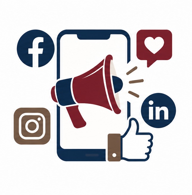 Social media marketing icon featuring a smartphone, megaphone, and social media engagement symbols.
