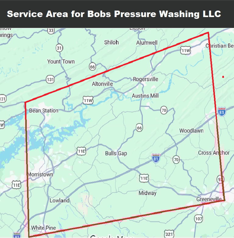 Service area map for Bobs Pressure Washing in Bulls Gap, Rogersville, Bean Station, Morristown, Whitesburg, White Pine, TN