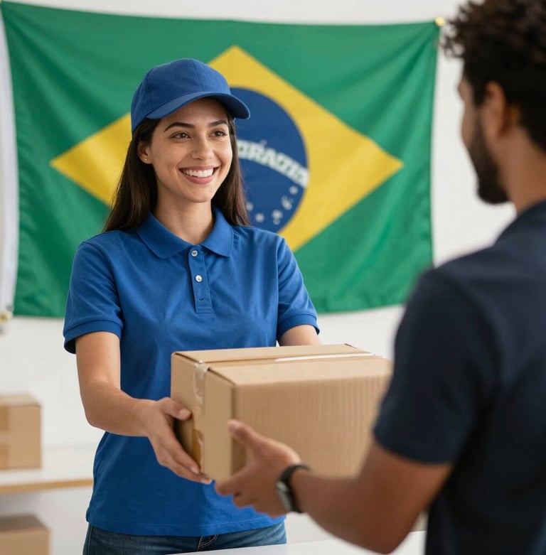 A friendly personal shopper helping a Brazilian customer select luxury products in a stylish American outlet store.