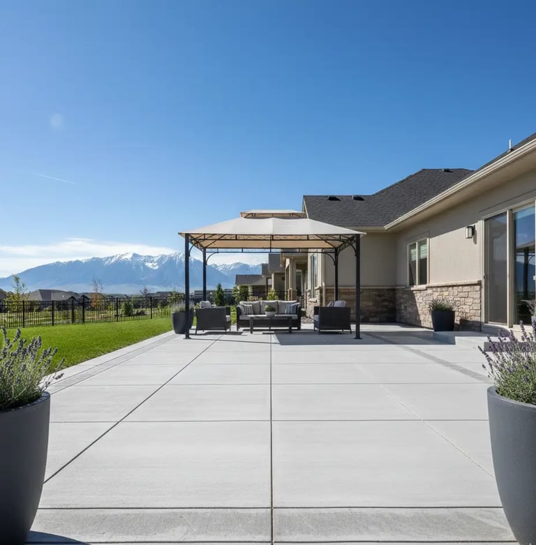 Finished concrete patio resurfacing at a home in Eagle Mountain, Utah with a smooth, durable surface
