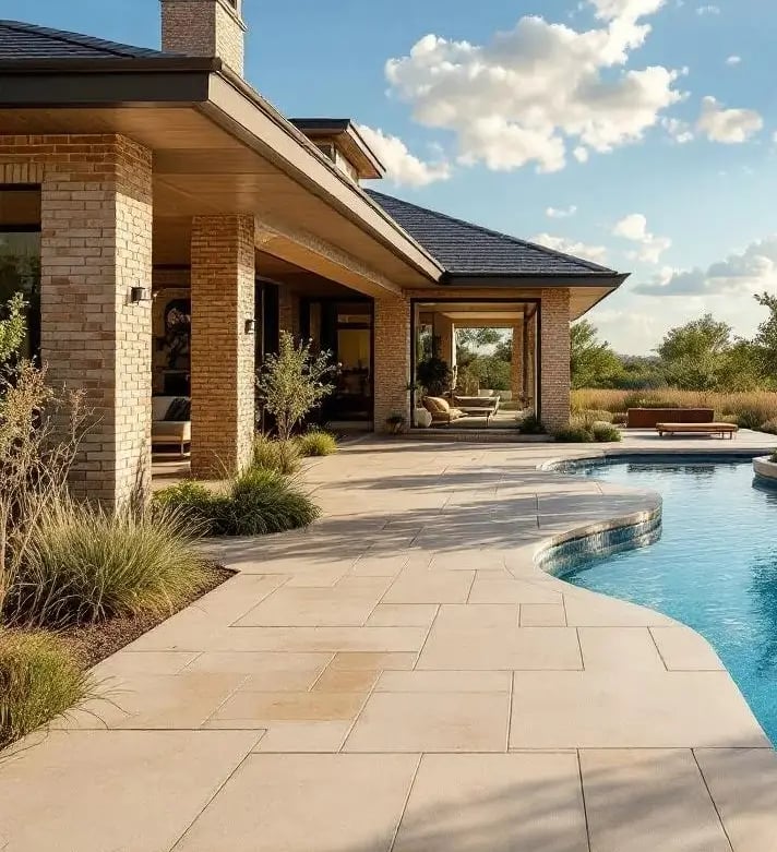 a pool with a large deck and a patio area