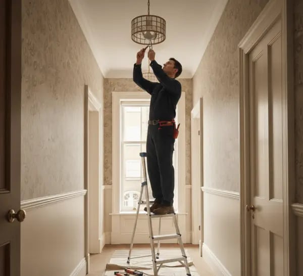 Electrician in Nuneaton installing lights in hallway
