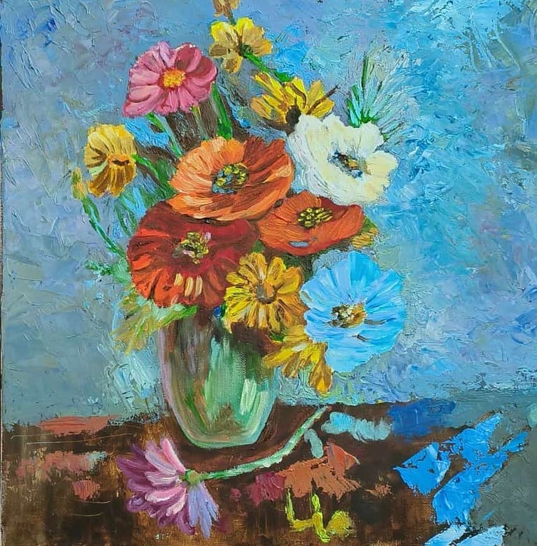 An oil painting of a vase with flowers in a vase
