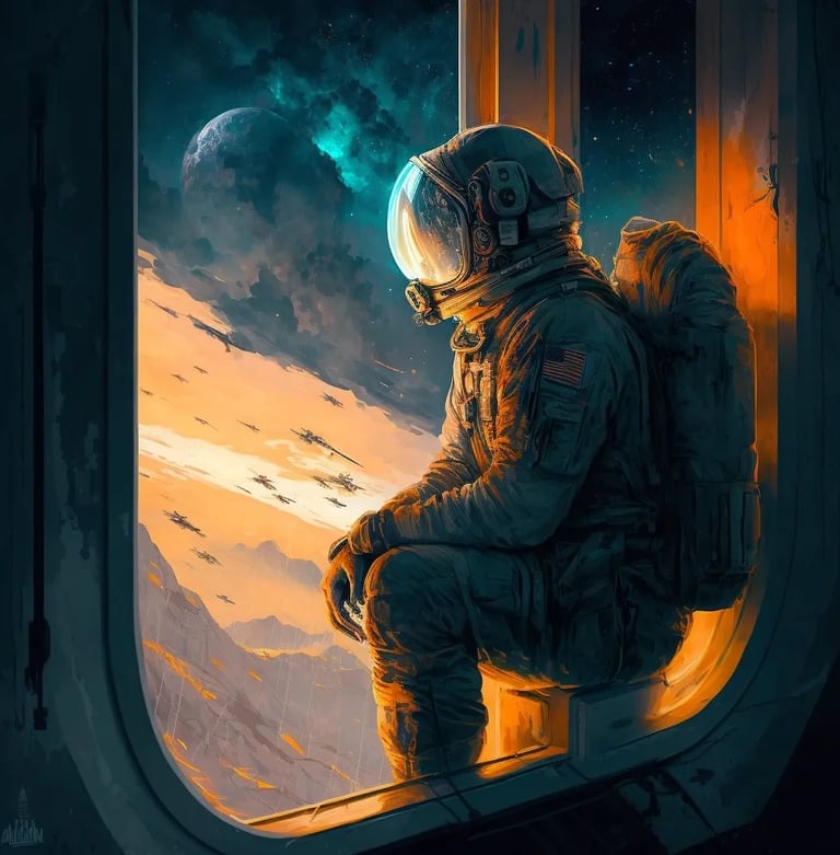 a man in a space suit sitting on a window sill