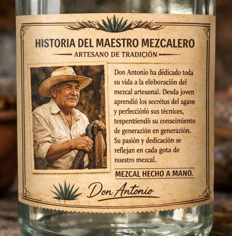  Etiqueta de mezcal artesanal con foto y breve historia del maestro mezcalero.