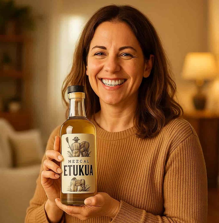 Mujer sonriente sosteniendo con cuidado una botella de mezcal Etukua en su hogar.