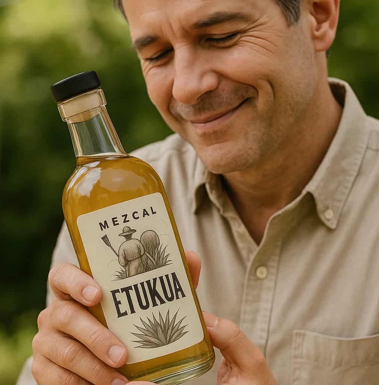 Una persona sosteniendo una botella de Etukua y sonriendo, mientras mira la etiqueta que cuenta una 