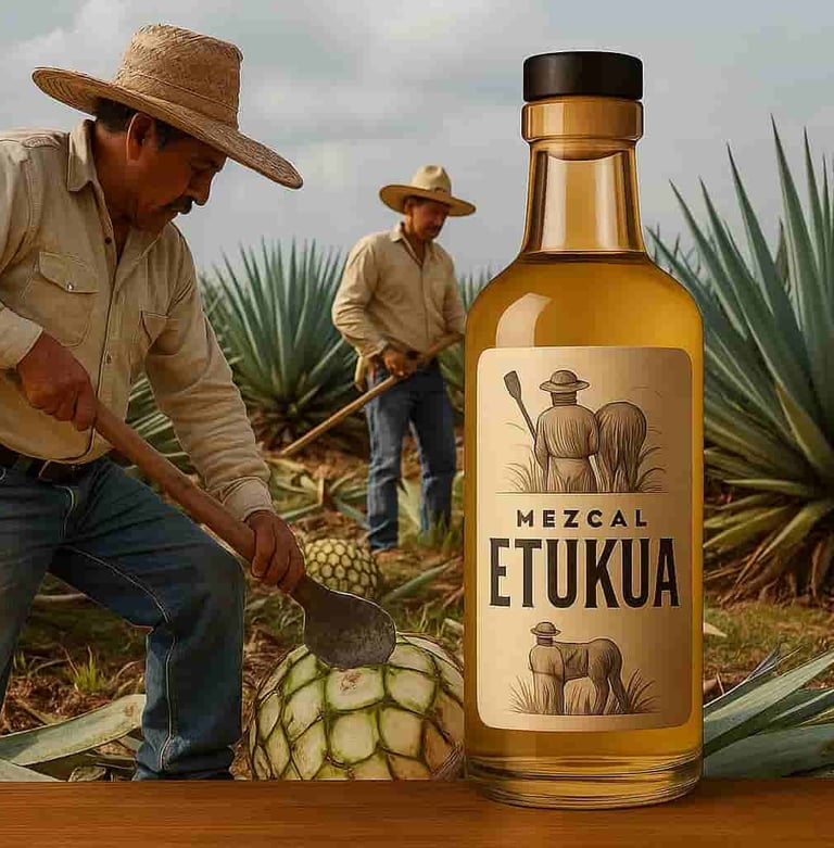 Expertos usando coas para cortar pencas de agave en campo