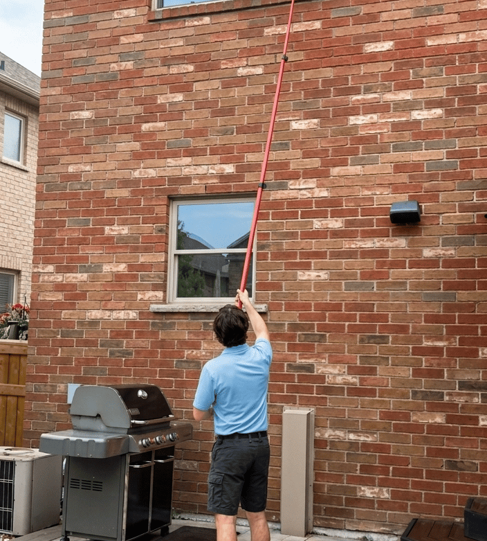 Professional window cleaner using a long extension pole to clean second-story residential windows on a brick house.