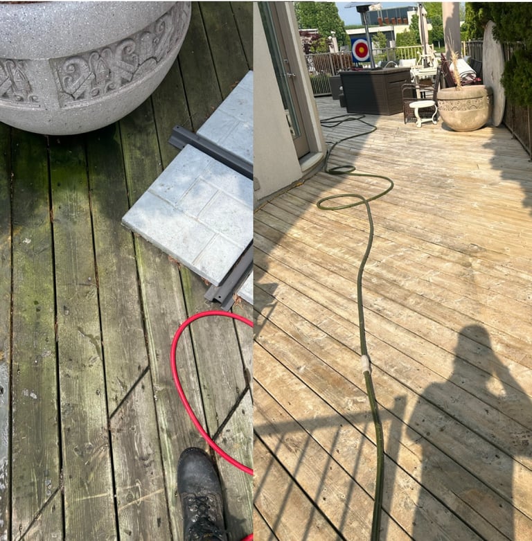 Before and after comparison of a dirty wooden deck being pressure washed to remove green algae and mold.