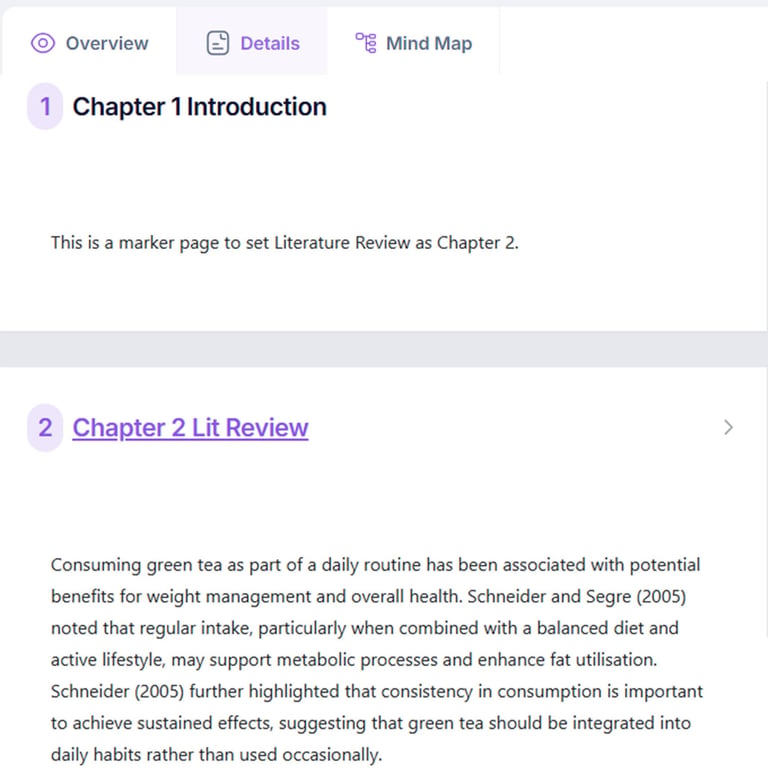 Screenshot of a digital study platform showing a literature review on the health benefits of green tea.