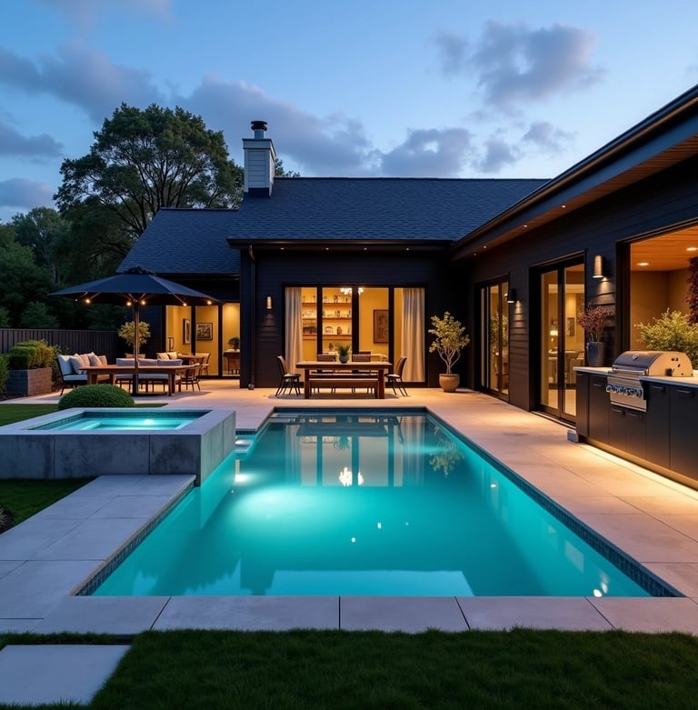a pool with a concrete deck and patio and grill station